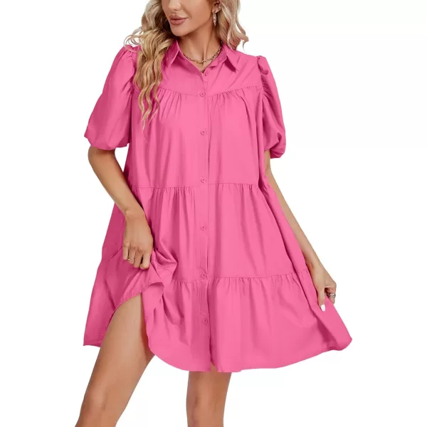 LYANER Women's Callor Button Down Puff Short Sleeve Ruffle Hem Loose Babydoll Mini Dress