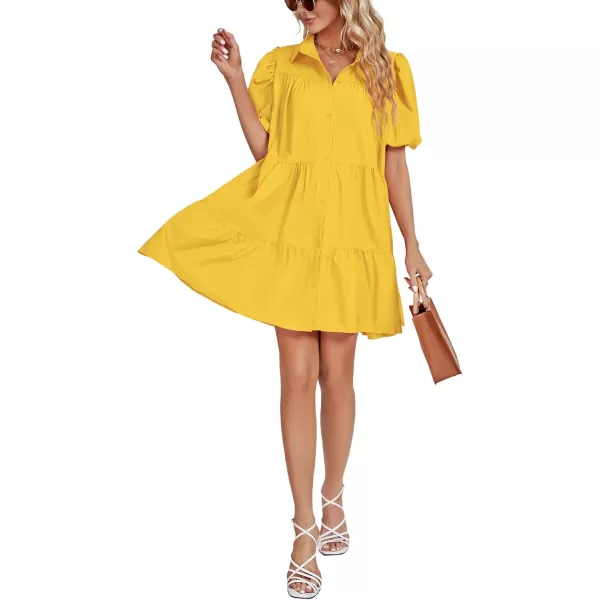 LYANER Women's Callor Button Down Puff Short Sleeve Ruffle Hem Loose Babydoll Mini Dress