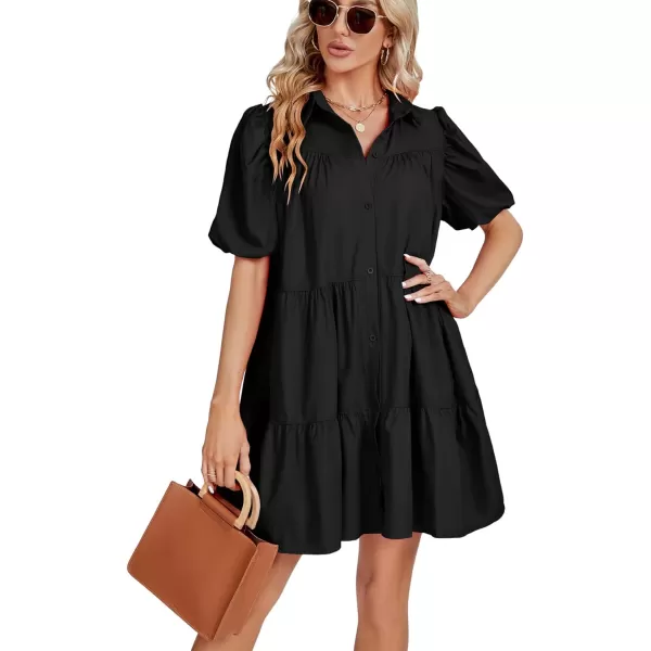 LYANER Women's Callor Button Down Puff Short Sleeve Ruffle Hem Loose Babydoll Mini Dress