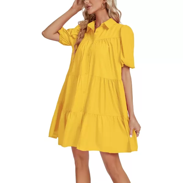LYANER Women's Callor Button Down Puff Short Sleeve Ruffle Hem Loose Babydoll Mini Dress