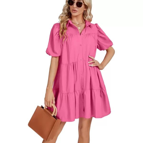 LYANER Women's Callor Button Down Puff Short Sleeve Ruffle Hem Loose Babydoll Mini Dress