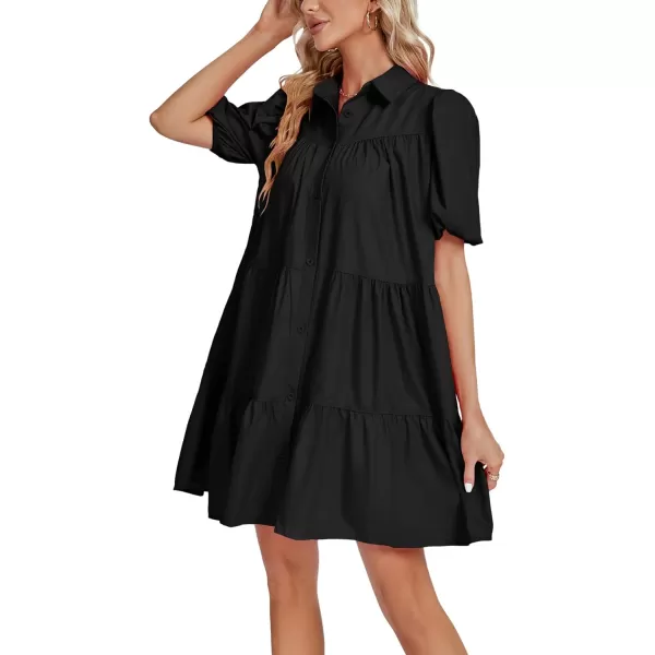 LYANER Women's Callor Button Down Puff Short Sleeve Ruffle Hem Loose Babydoll Mini Dress