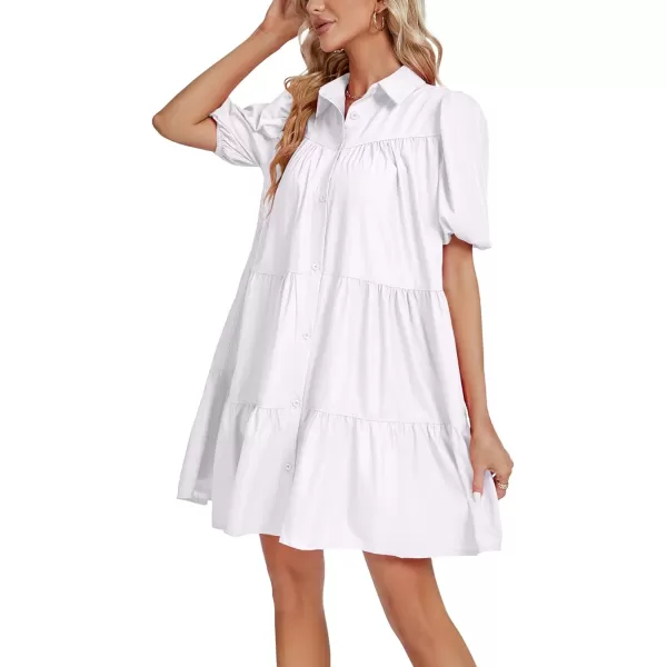 LYANER Women's Callor Button Down Puff Short Sleeve Ruffle Hem Loose Babydoll Mini Dress