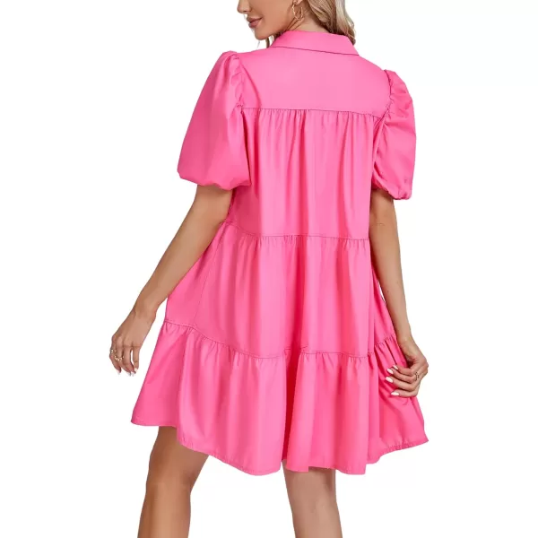 LYANER Women's Callor Button Down Puff Short Sleeve Ruffle Hem Loose Babydoll Mini Dress