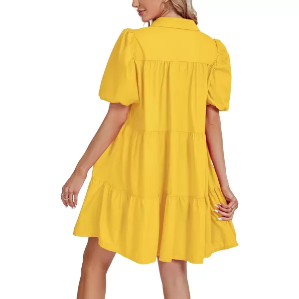 LYANER Women's Callor Button Down Puff Short Sleeve Ruffle Hem Loose Babydoll Mini Dress