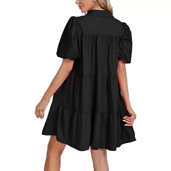 LYANER Women's Callor Button Down Puff Short Sleeve Ruffle Hem Loose Babydoll Mini Dress