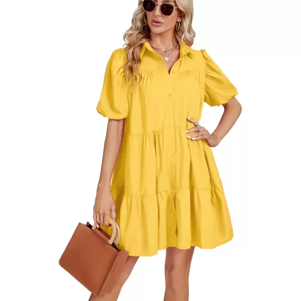 LYANER Women's Callor Button Down Puff Short Sleeve Ruffle Hem Loose Babydoll Mini Dress