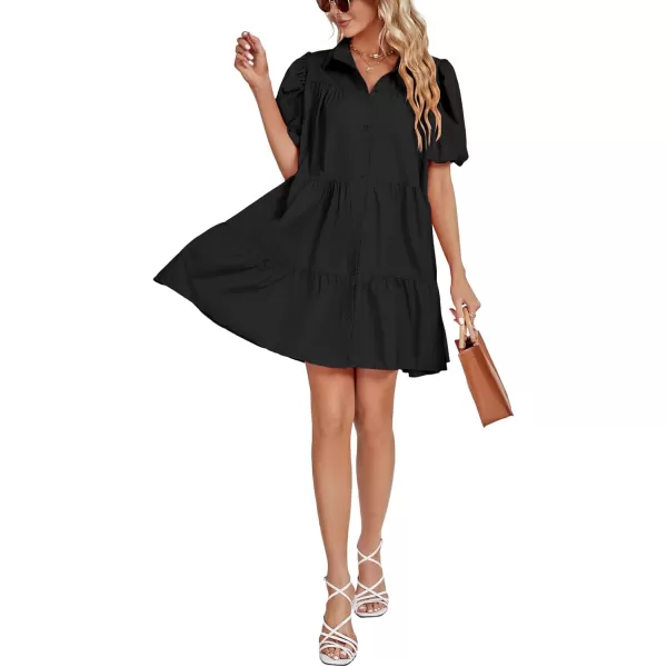 LYANER Women's Callor Button Down Puff Short Sleeve Ruffle Hem Loose Babydoll Mini Dress