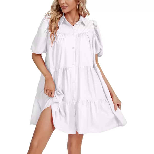 LYANER Women's Callor Button Down Puff Short Sleeve Ruffle Hem Loose Babydoll Mini Dress