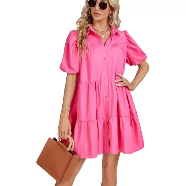 LYANER Women's Callor Button Down Puff Short Sleeve Ruffle Hem Loose Babydoll Mini Dress