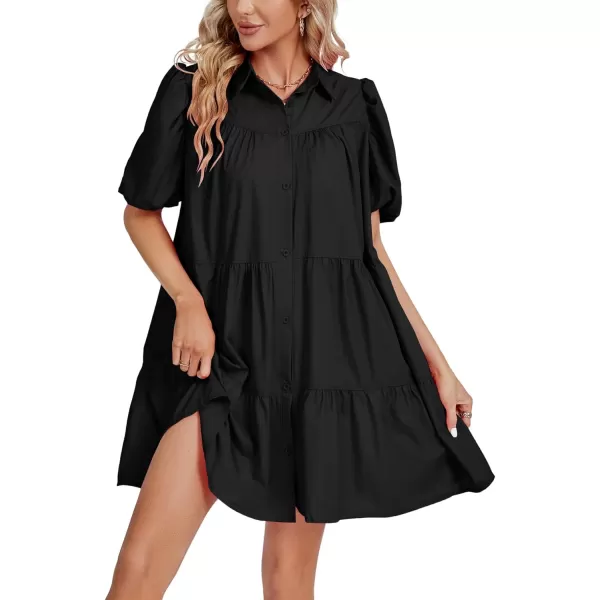 LYANER Women's Callor Button Down Puff Short Sleeve Ruffle Hem Loose Babydoll Mini Dress