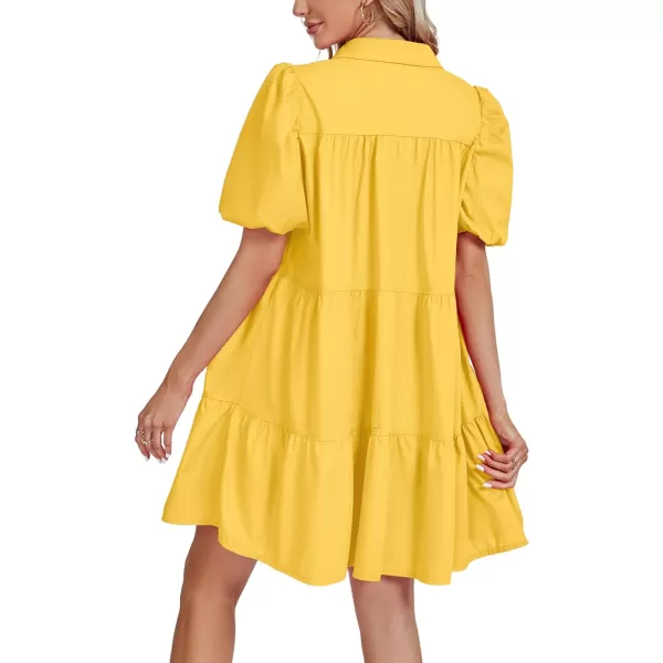 LYANER Women's Callor Button Down Puff Short Sleeve Ruffle Hem Loose Babydoll Mini Dress