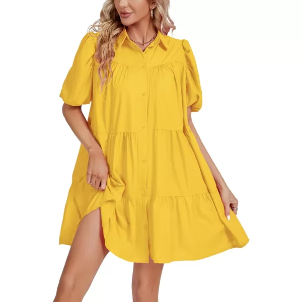LYANER Women's Callor Button Down Puff Short Sleeve Ruffle Hem Loose Babydoll Mini Dress