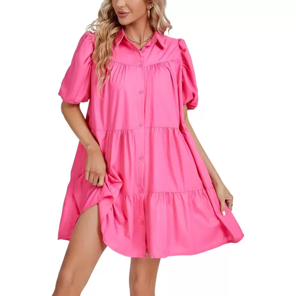 LYANER Women's Callor Button Down Puff Short Sleeve Ruffle Hem Loose Babydoll Mini Dress