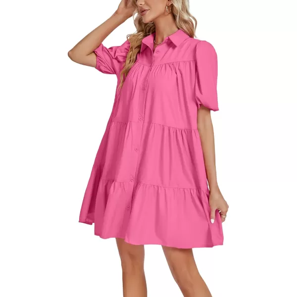 LYANER Women's Callor Button Down Puff Short Sleeve Ruffle Hem Loose Babydoll Mini Dress