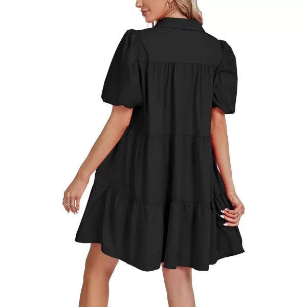 LYANER Women's Callor Button Down Puff Short Sleeve Ruffle Hem Loose Babydoll Mini Dress