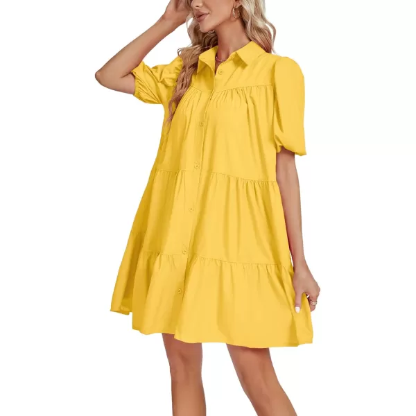 LYANER Women's Callor Button Down Puff Short Sleeve Ruffle Hem Loose Babydoll Mini Dress