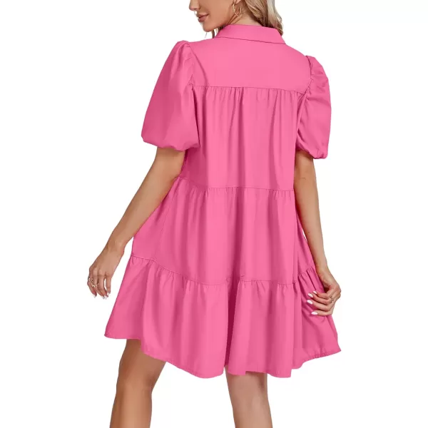 LYANER Women's Callor Button Down Puff Short Sleeve Ruffle Hem Loose Babydoll Mini Dress