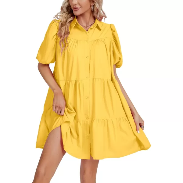LYANER Women's Callor Button Down Puff Short Sleeve Ruffle Hem Loose Babydoll Mini Dress