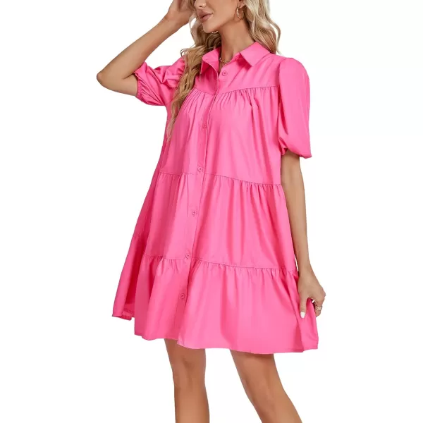 LYANER Women's Callor Button Down Puff Short Sleeve Ruffle Hem Loose Babydoll Mini Dress