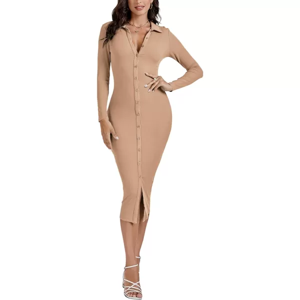 LYANER Women's Casual Ribbed Knit Button Down Collar V Neck Long Sleeve Bodycon Midi Dress