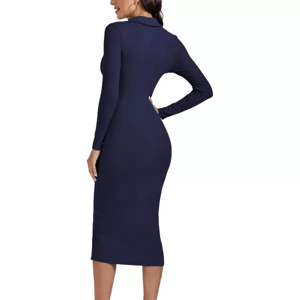 LYANER Women's Casual Ribbed Knit Button Down Collar V Neck Long Sleeve Bodycon Midi Dress