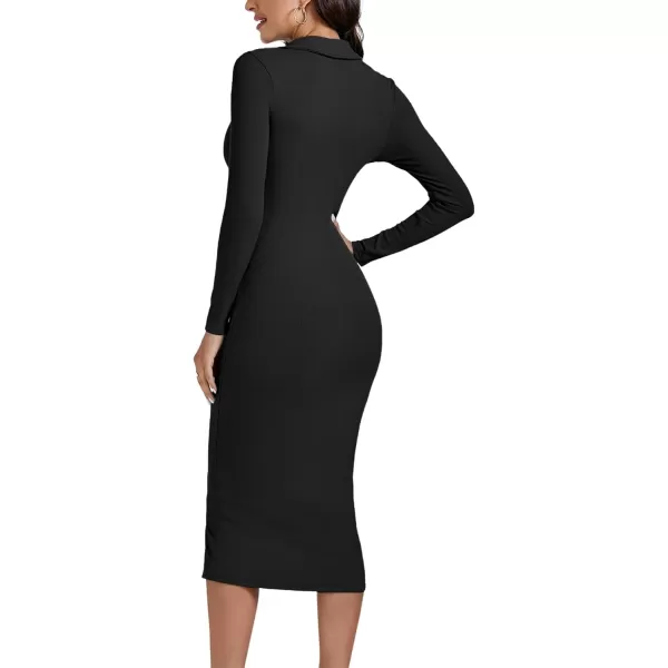 LYANER Women's Casual Ribbed Knit Button Down Collar V Neck Long Sleeve Bodycon Midi Dress