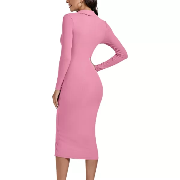 LYANER Women's Casual Ribbed Knit Button Down Collar V Neck Long Sleeve Bodycon Midi Dress