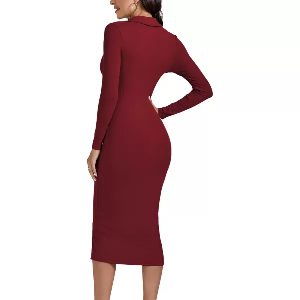 LYANER Women's Casual Ribbed Knit Button Down Collar V Neck Long Sleeve Bodycon Midi Dress