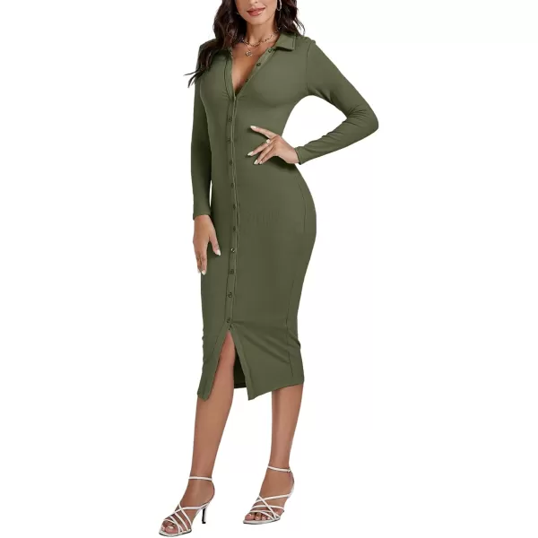 LYANER Women's Casual Ribbed Knit Button Down Collar V Neck Long Sleeve Bodycon Midi Dress