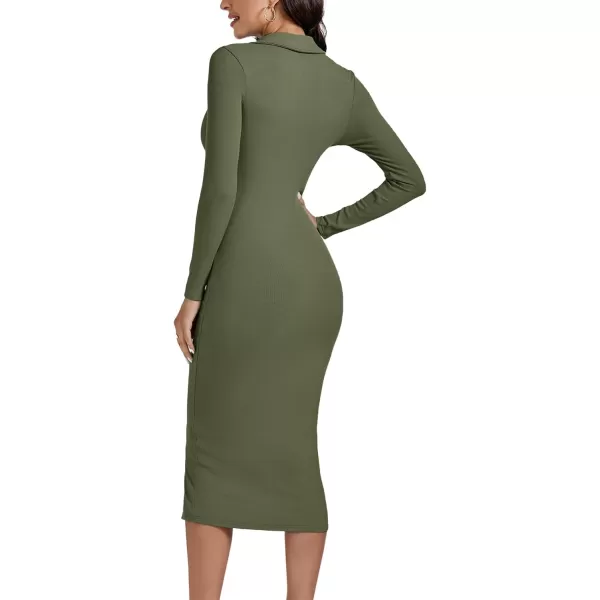 LYANER Women's Casual Ribbed Knit Button Down Collar V Neck Long Sleeve Bodycon Midi Dress