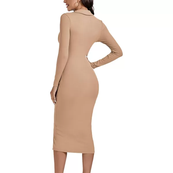 LYANER Women's Casual Ribbed Knit Button Down Collar V Neck Long Sleeve Bodycon Midi Dress