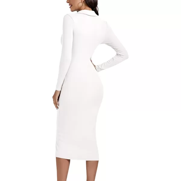 LYANER Women's Casual Ribbed Knit Button Down Collar V Neck Long Sleeve Bodycon Midi Dress