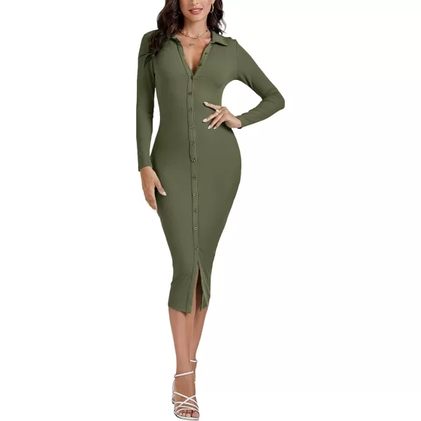 LYANER Women's Casual Ribbed Knit Button Down Collar V Neck Long Sleeve Bodycon Midi Dress
