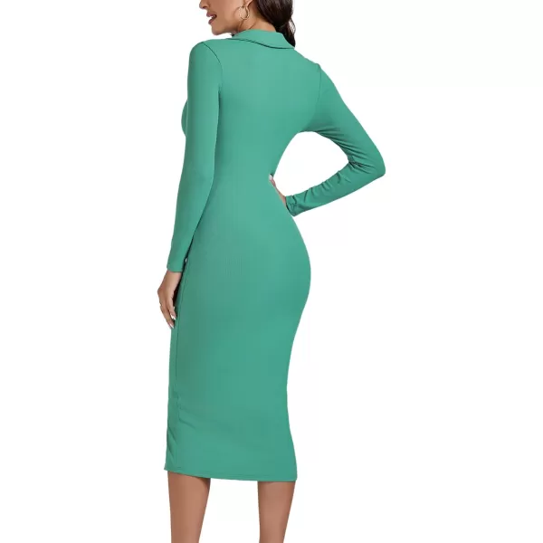 LYANER Women's Casual Ribbed Knit Button Down Collar V Neck Long Sleeve Bodycon Midi Dress