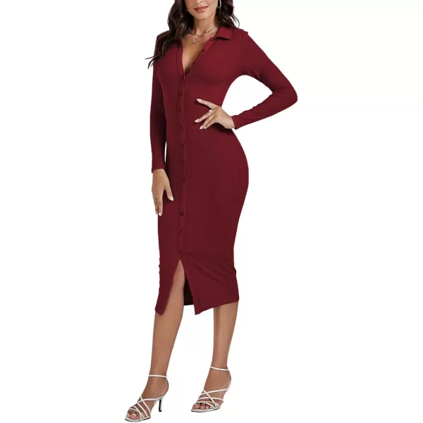 LYANER Women's Casual Ribbed Knit Button Down Collar V Neck Long Sleeve Bodycon Midi Dress