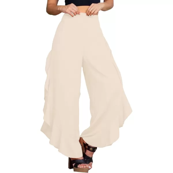 LYANER Women's Casual Ruffle Side Split Elastic High Waist Wide Long Pants Trouser