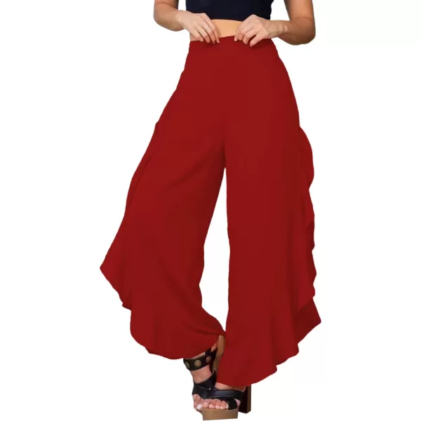 LYANER Women's Casual Ruffle Side Split Elastic High Waist Wide Long Pants Trouser