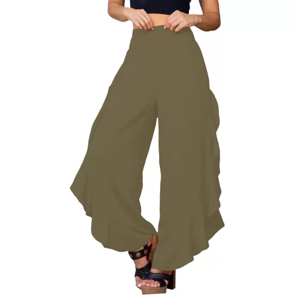 LYANER Women's Casual Ruffle Side Split Elastic High Waist Wide Long Pants Trouser