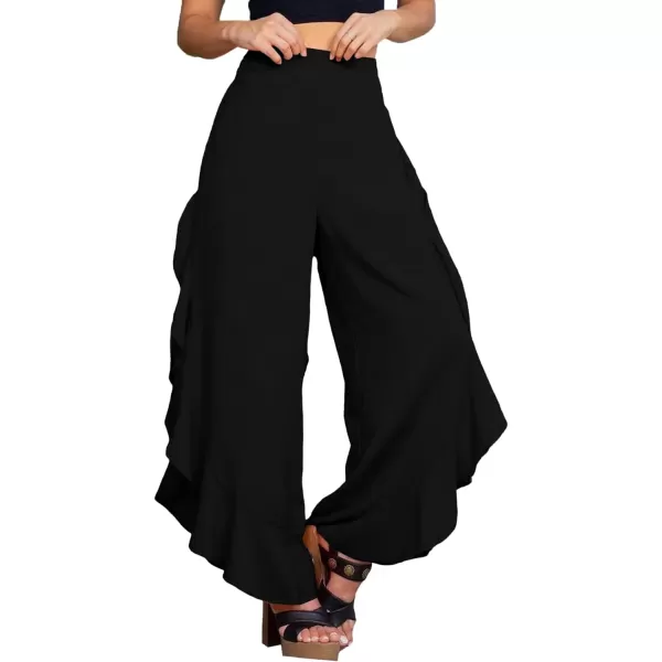 LYANER Women's Casual Ruffle Side Split Elastic High Waist Wide Long Pants Trouser