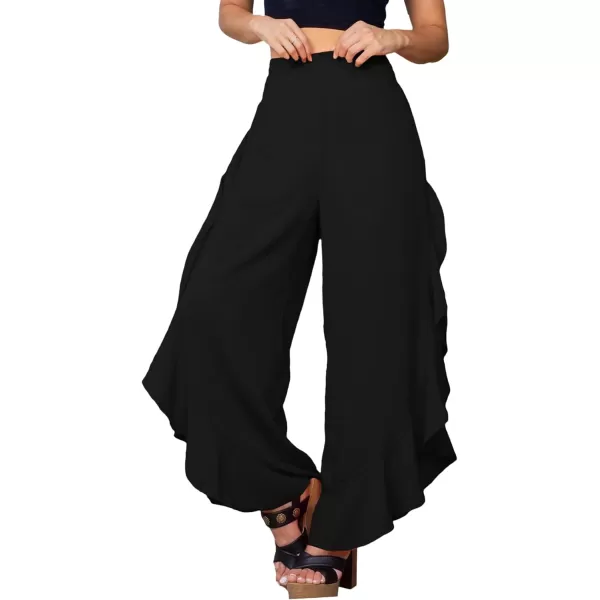 LYANER Women's Casual Ruffle Side Split Elastic High Waist Wide Long Pants Trouser