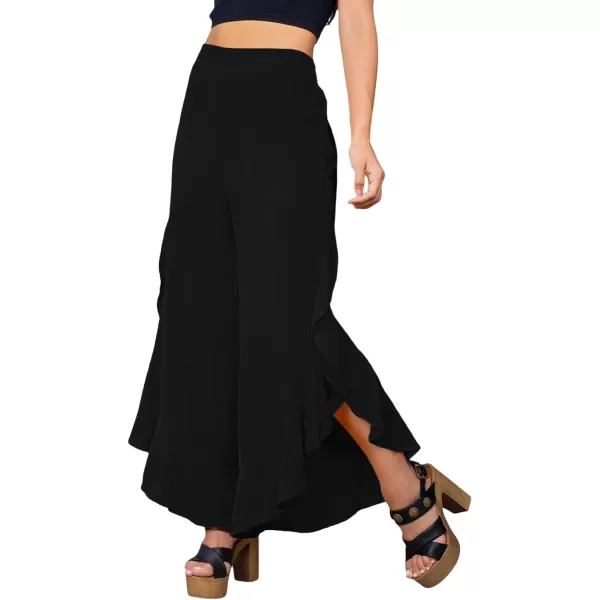 LYANER Women's Casual Ruffle Side Split Elastic High Waist Wide Long Pants Trouser