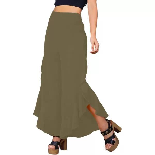 LYANER Women's Casual Ruffle Side Split Elastic High Waist Wide Long Pants Trouser