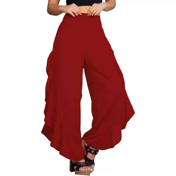 LYANER Women's Casual Ruffle Side Split Elastic High Waist Wide Long Pants Trouser