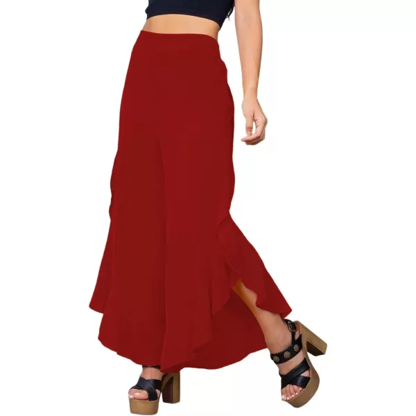 LYANER Women's Casual Ruffle Side Split Elastic High Waist Wide Long Pants Trouser