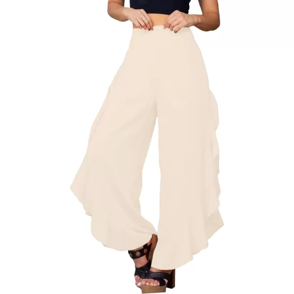 LYANER Women's Casual Ruffle Side Split Elastic High Waist Wide Long Pants Trouser