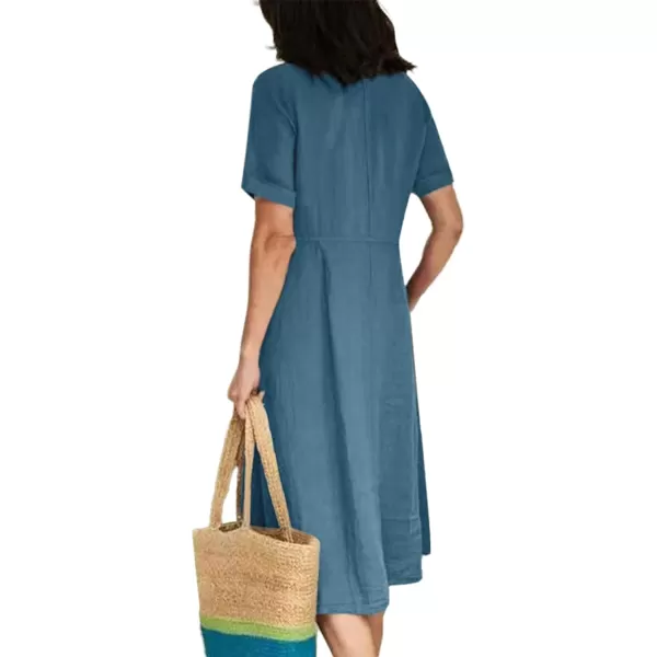 LYANER Women's Casual V Neck Buttons Down Front Short Sleeve Loose Fit Midi Dress with Pockets