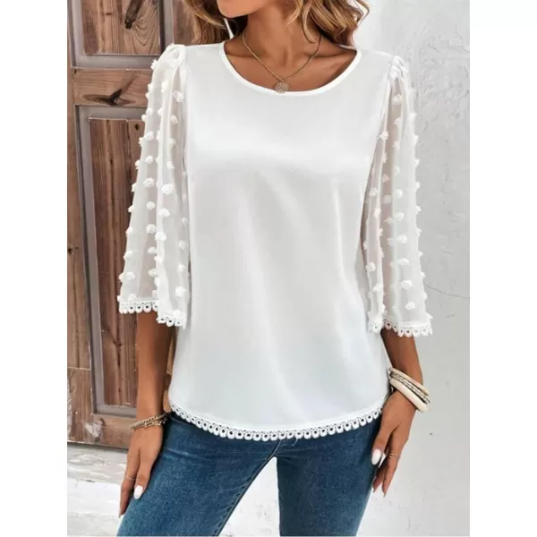 LYANER Women's Causal 3/4 Pom Pom Sleeve Shirt Top Crewneck Lace Bell Sleeve Loose Blouses