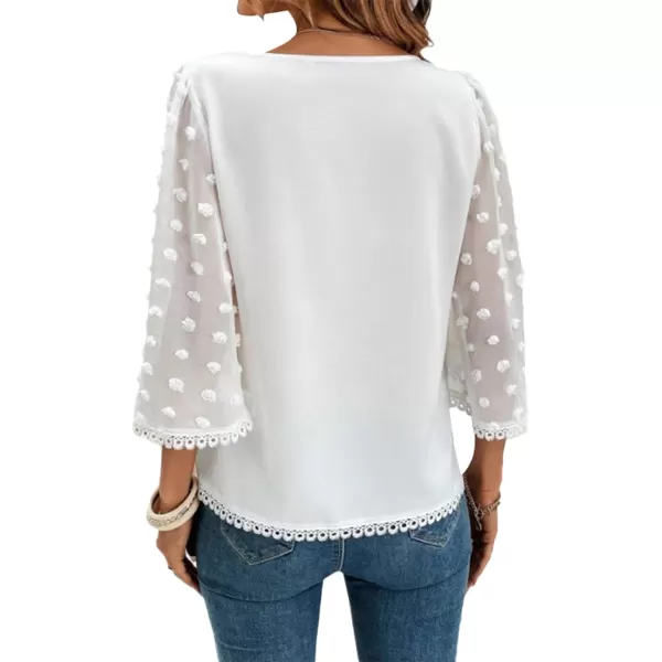 LYANER Women's Causal 3/4 Pom Pom Sleeve Shirt Top Crewneck Lace Bell Sleeve Loose Blouses