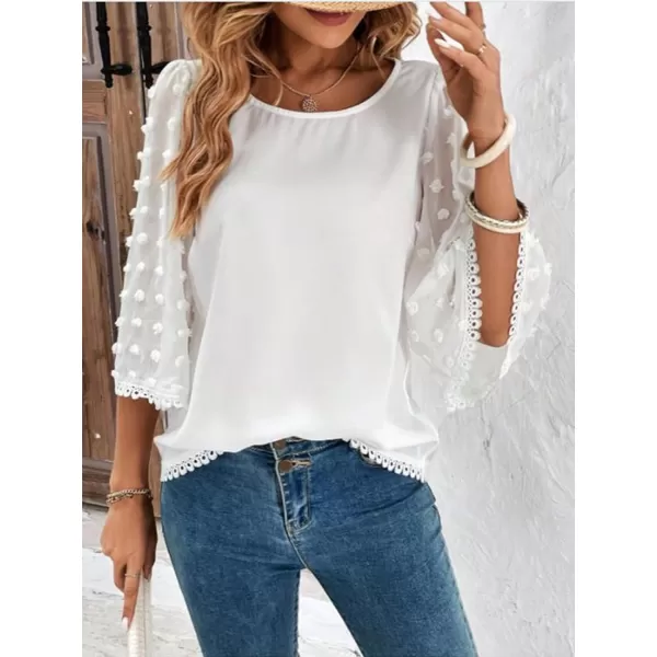 LYANER Women's Causal 3/4 Pom Pom Sleeve Shirt Top Crewneck Lace Bell Sleeve Loose Blouses